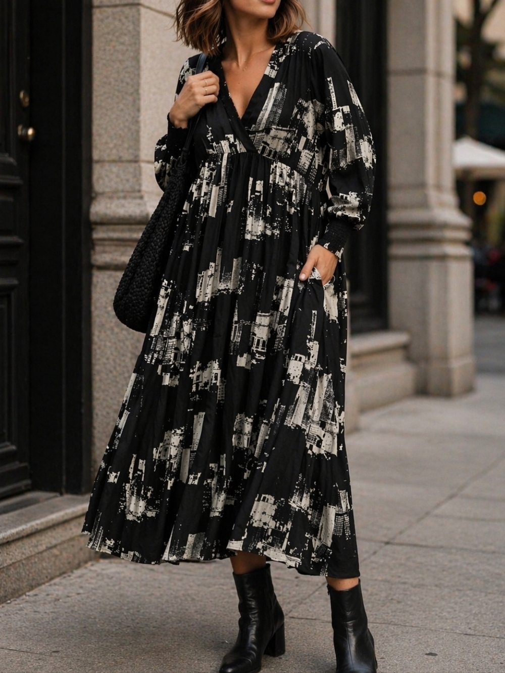 NWT Culture CUnelly Black White City Print Viscose Dress | Boho Artsy Urban Midi